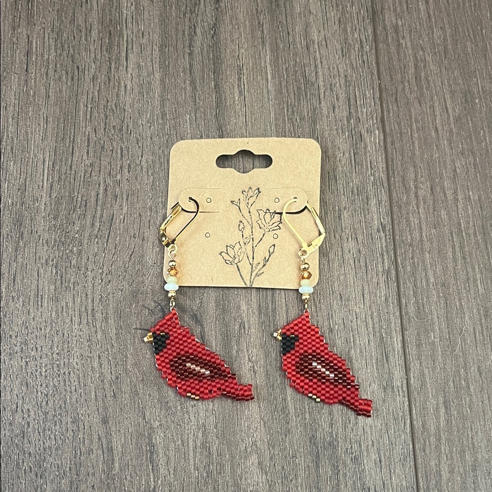 Handcrafted Red Beaded Bird Earrings